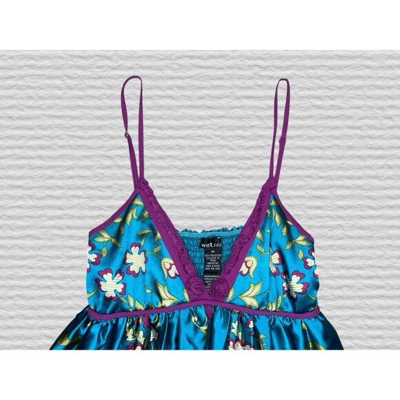 Vtg Y2K Wet Sea Satin Babydoll Mini Slip Dress MED Teal Purple Floral Smocked - Picture 7 of 11